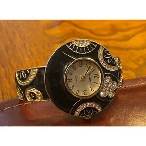 Women's 36mm Gold Tone Varsales Watch with Crystal and Black Enamel Accents